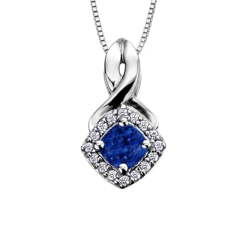 10K White Gold Blue Sapphire and Diamond Halo Pendant with Chain