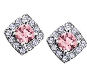 10k White Gold Pink Tourmaline and Diamond Halo Earrings