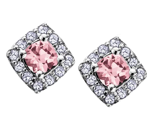 10k White Gold Pink Tourmaline and Diamond Halo Earrings