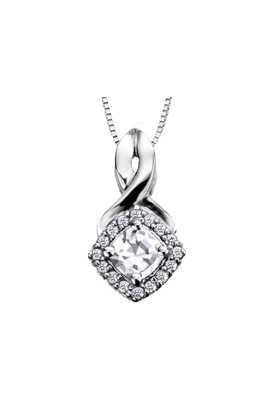 10K White Gold White Zircon and Diamond Halo Pendant with Chain