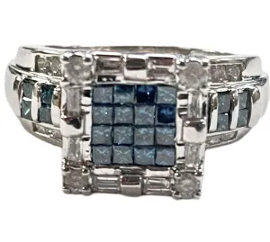 10KT White Gold White & Blue Diamond Wide Band Statment Ring Size 10