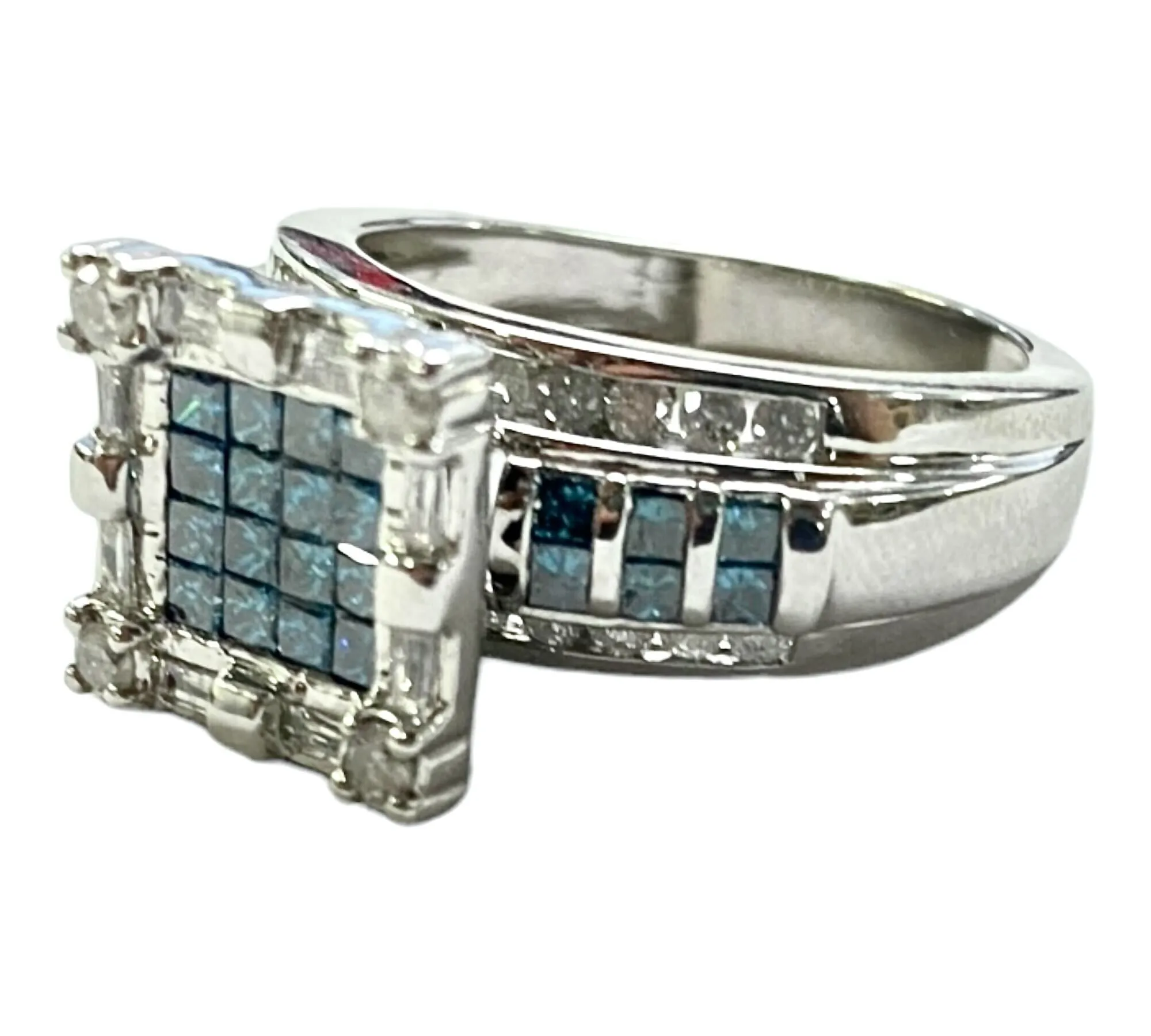 10KT White Gold White & Blue Diamond Wide Band Statment Ring Size 10