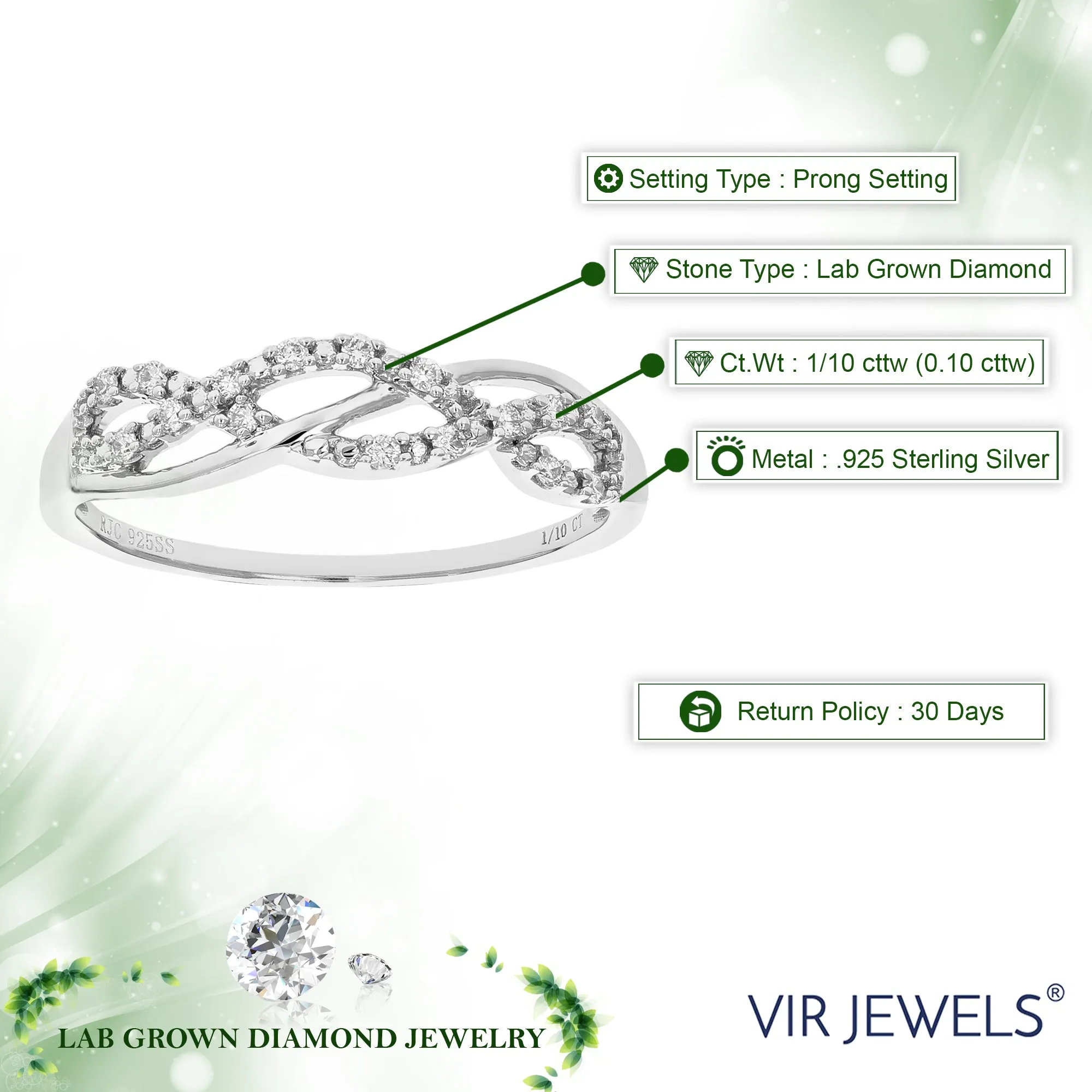 1/10 cttw Lab Grown Diamond Infinity Twist Wedding Band in Silver