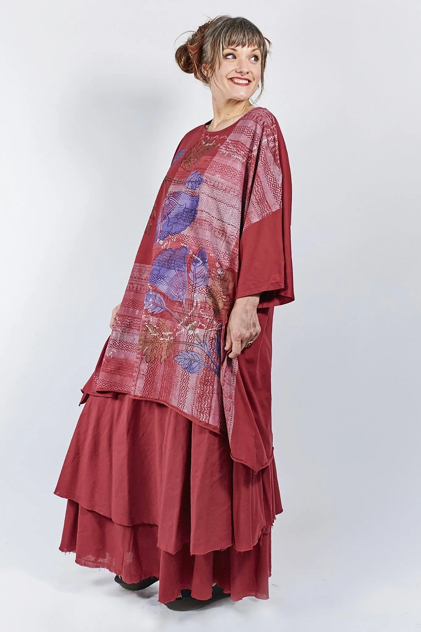 1255 Oversized Tunic Tee- Elegant Red- Woven Folkloric Poetry