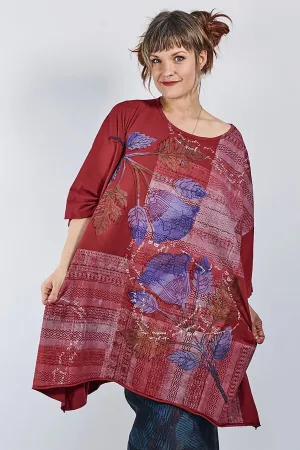 1255 Oversized Tunic Tee- Elegant Red- Woven Folkloric Poetry