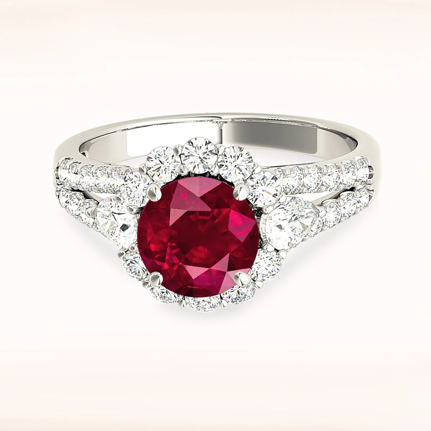1.35 ct. Genuine Ruby Ring With Halo And Accent side Diamonds