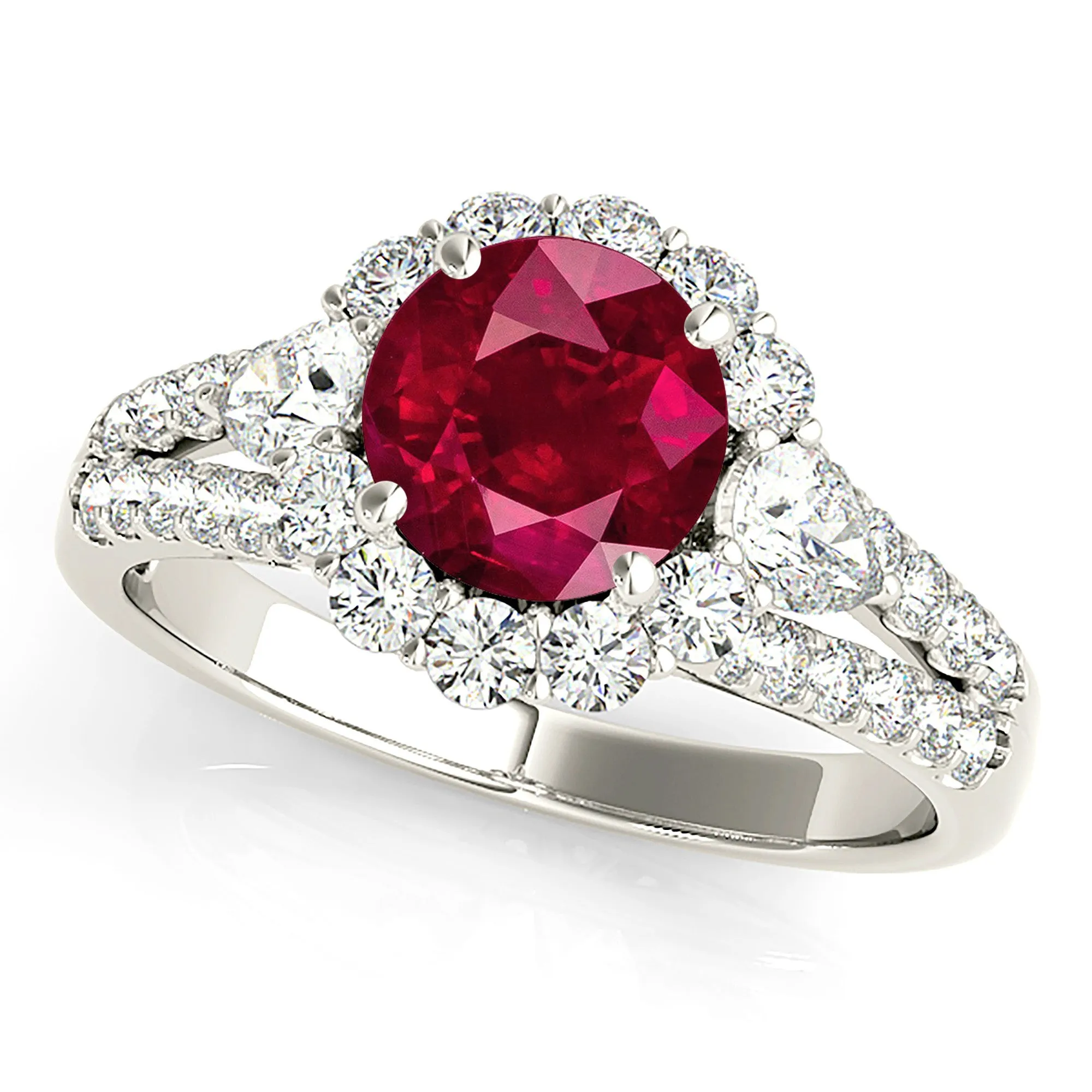 1.35 ct. Genuine Ruby Ring With Halo And Accent side Diamonds