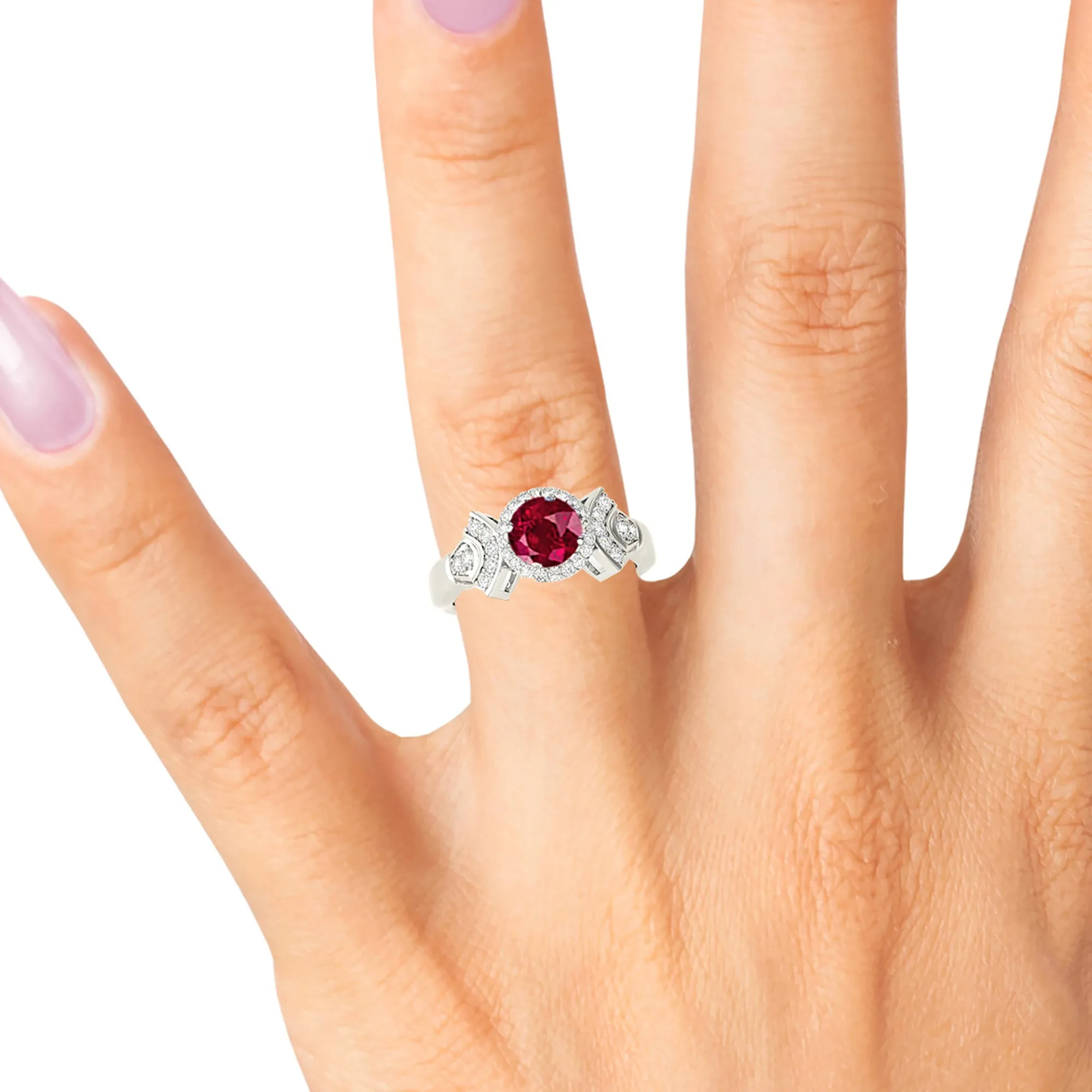1.45 ct. Genuine Ruby Ring With  Halo And Fancy Design Diamond Band