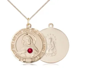 14kt Gold Filled Scapular Pendant with a 3mm Ruby Swarovski stone on a 18 inch Gold Filled Light Curb Chain.