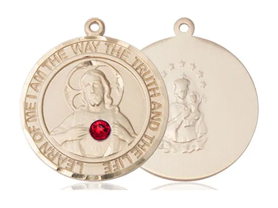 14kt Gold Filled Scapular Pendant with a 3mm Ruby Swarovski stone on a 18 inch Gold Filled Light Curb Chain.