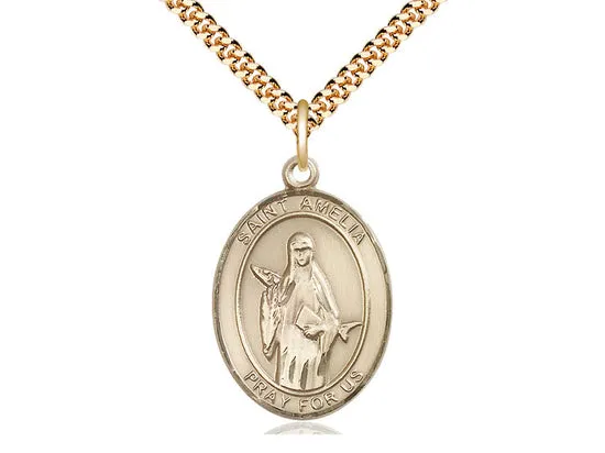 14kt Gold Filled St Amelia Pendant on a 24 inch Gold Plate Heavy Curb Chain.