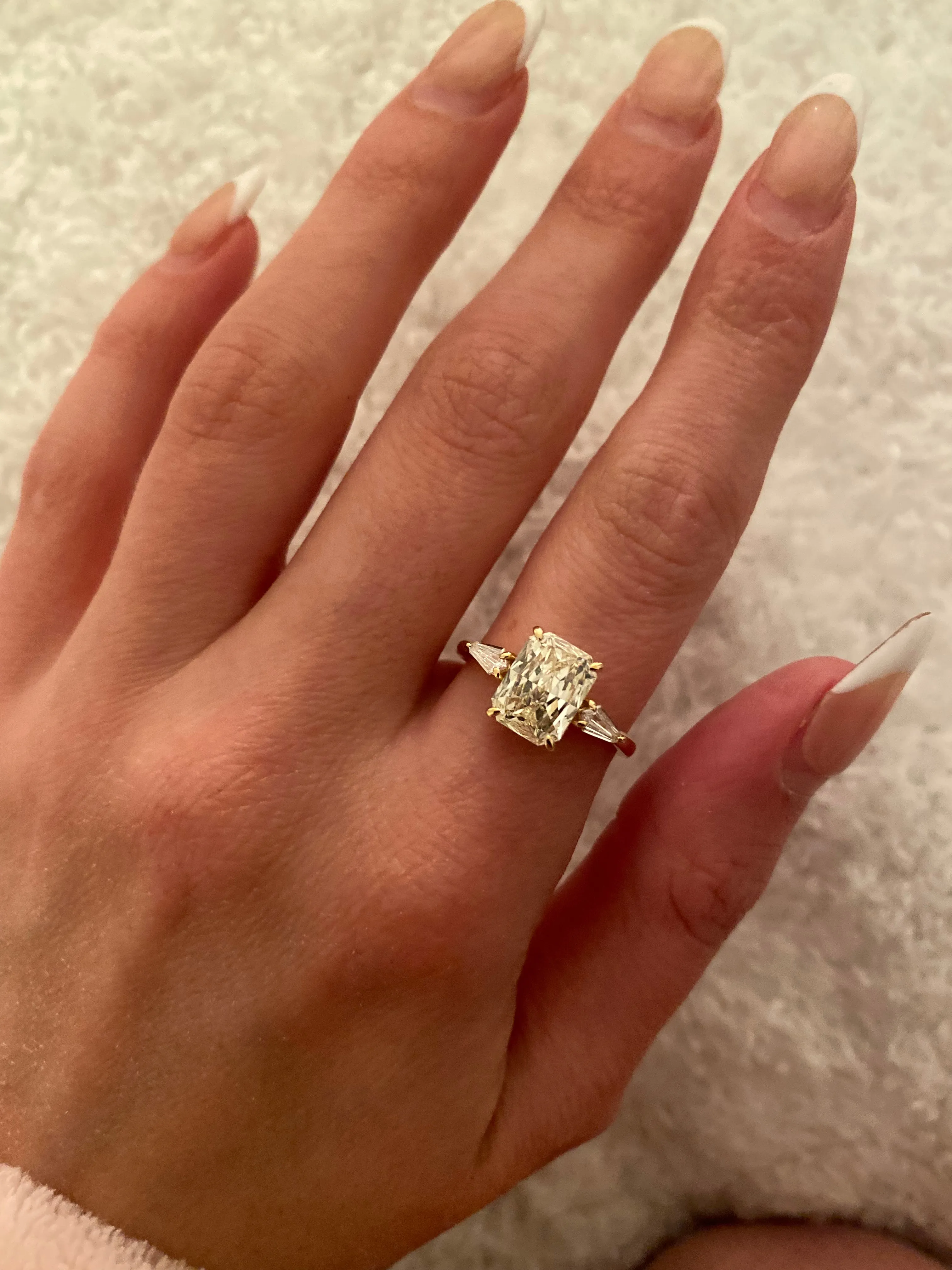 1.70 CARAT CHAMPAGNE RADIANT DIAMOND THREE STONE RING