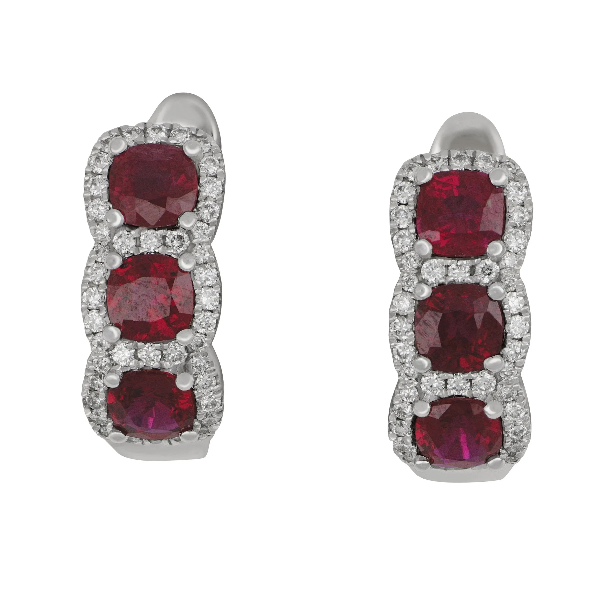 18k White Gold Three-Halo Ruby and Diamond Half Hoop Earrings, RU=2.15tw D=0.36tw