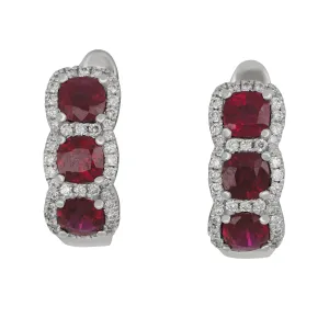 18k White Gold Three-Halo Ruby and Diamond Half Hoop Earrings, RU=2.15tw D=0.36tw