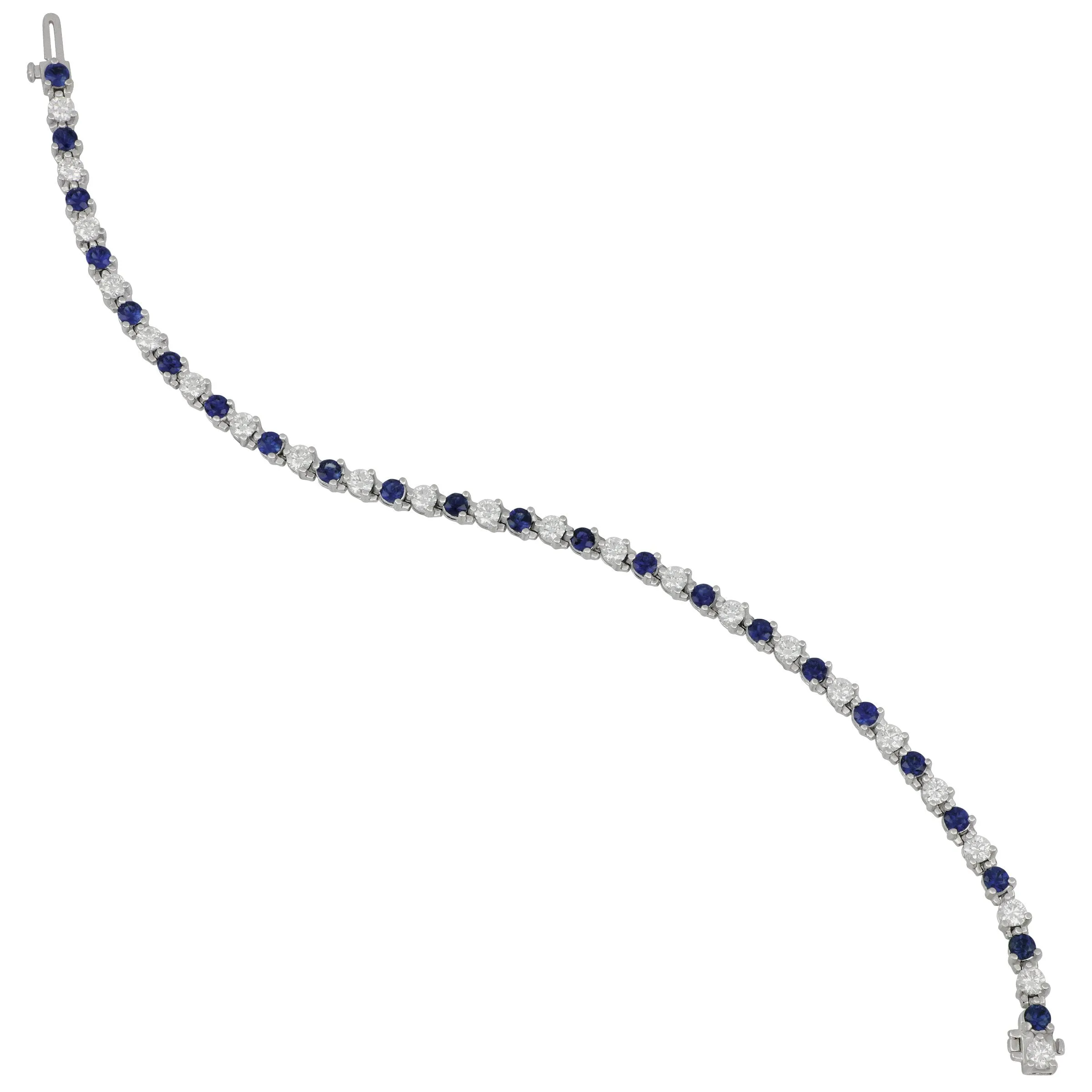 18k White Gold Three-Prong Alternating Sapphire and Diamond Signature Bracelet 7", SA=2.90tw D=2.60tw