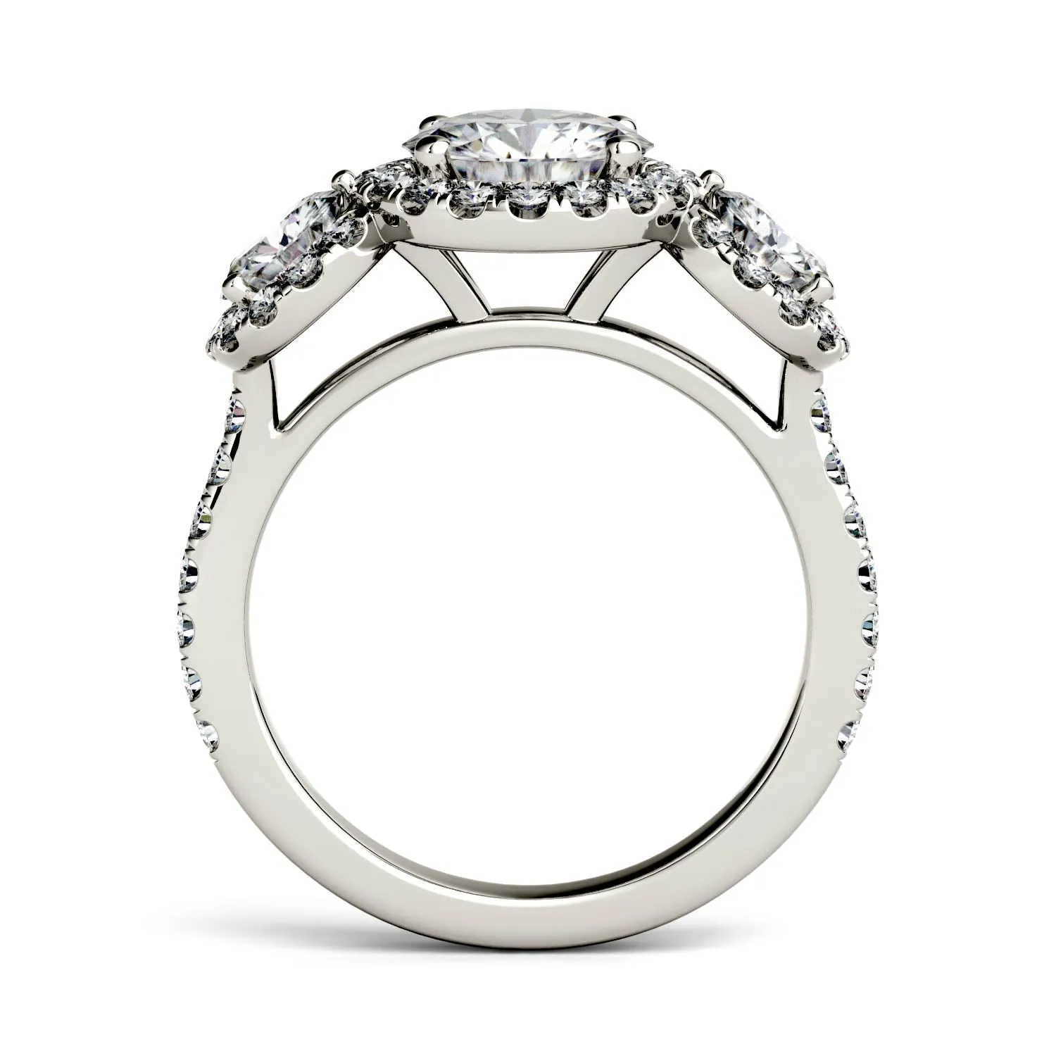 3.09 CTW DEW Round Moissanite Halo Three Stone Ring in 14K White Gold