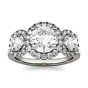 3.09 CTW DEW Round Moissanite Halo Three Stone Ring in 14K White Gold