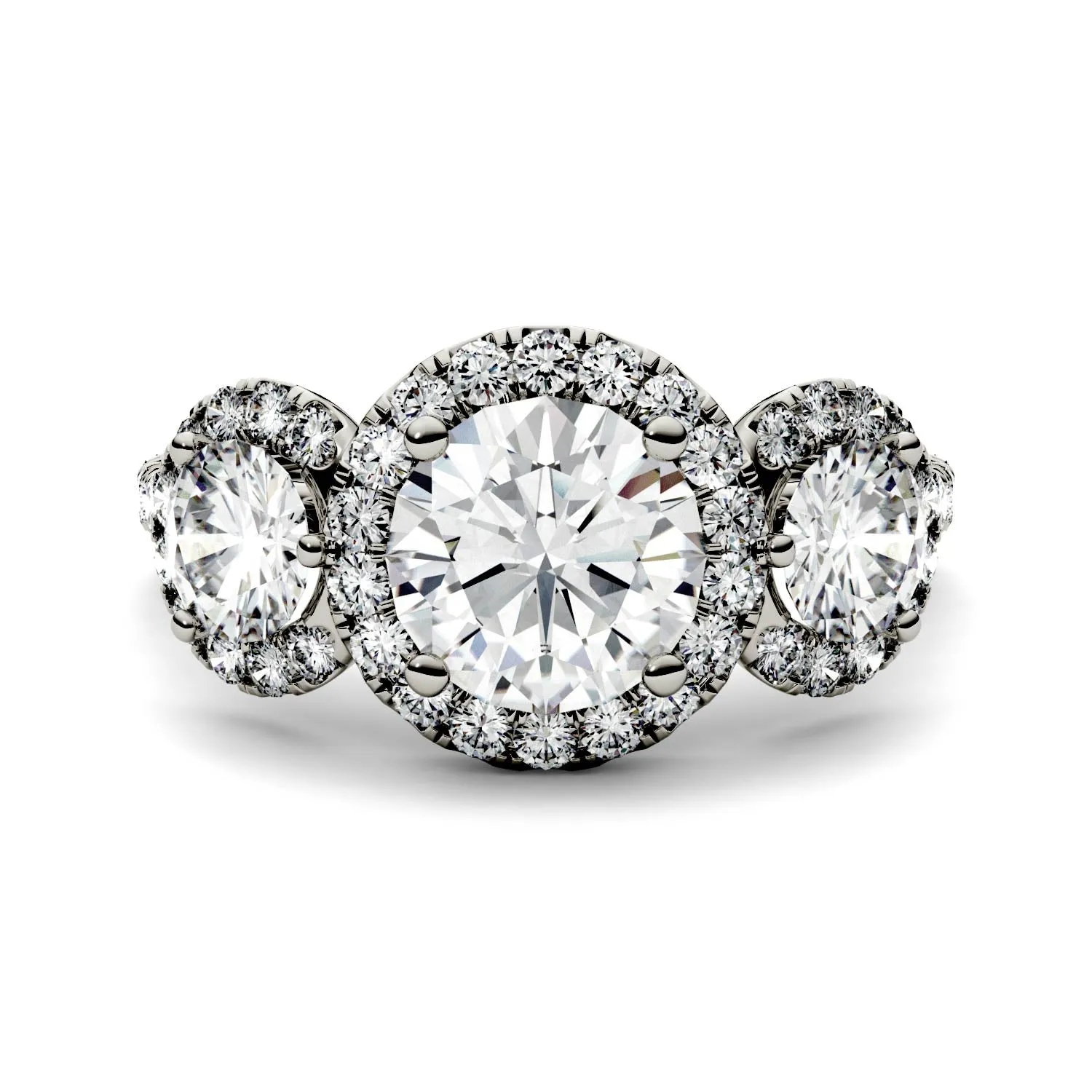 3.09 CTW DEW Round Moissanite Halo Three Stone Ring in 14K White Gold