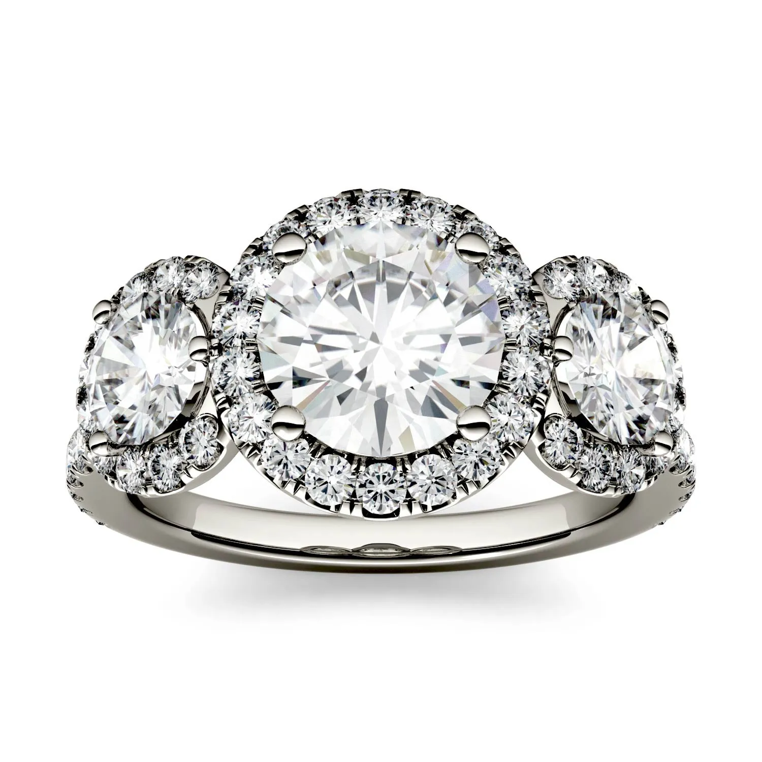 3.09 CTW DEW Round Moissanite Halo Three Stone Ring in 14K White Gold