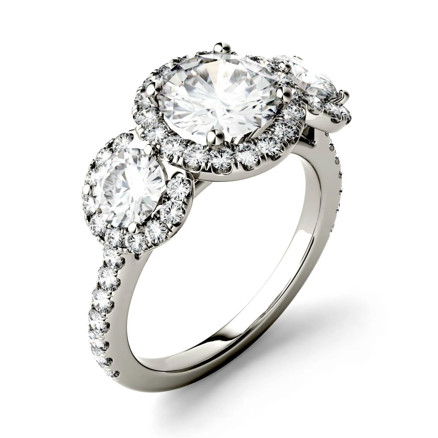 3.09 CTW DEW Round Moissanite Halo Three Stone Ring in 14K White Gold
