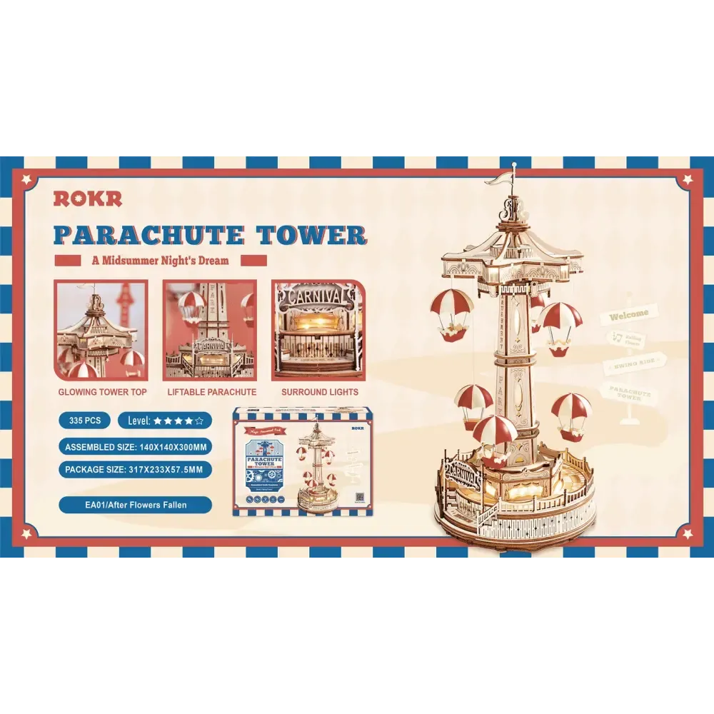3D Electro-Mechanical Wooden Puzzle: Parachute Tower