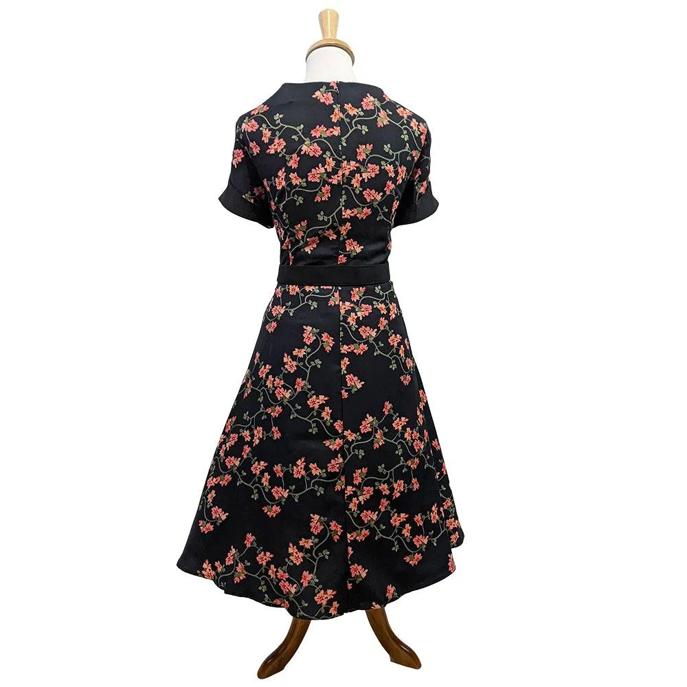 40's Split Neck Floral Swing Dress in Black
