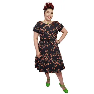 40's Split Neck Floral Swing Dress in Black