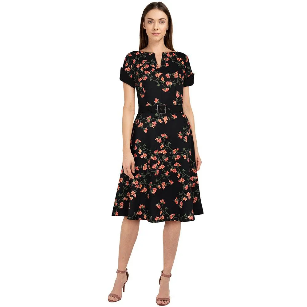 40's Split Neck Floral Swing Dress in Black