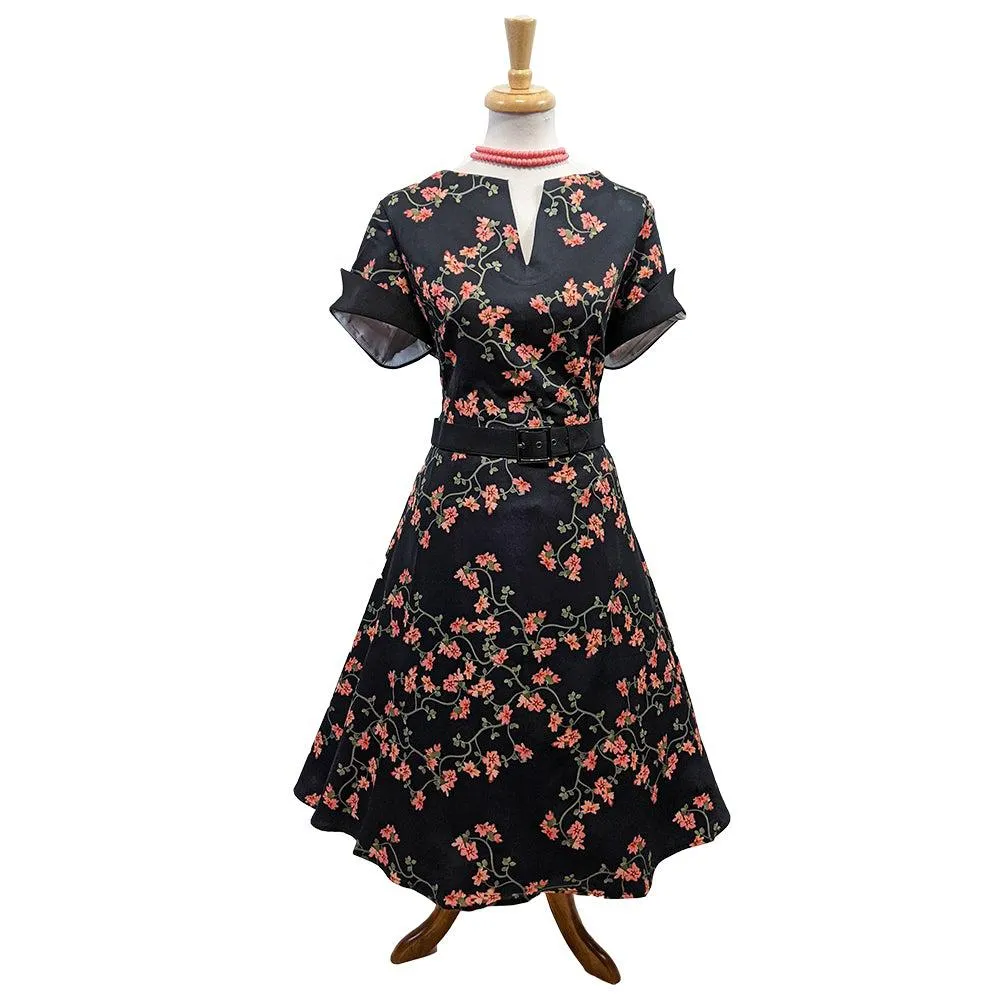 40's Split Neck Floral Swing Dress in Black