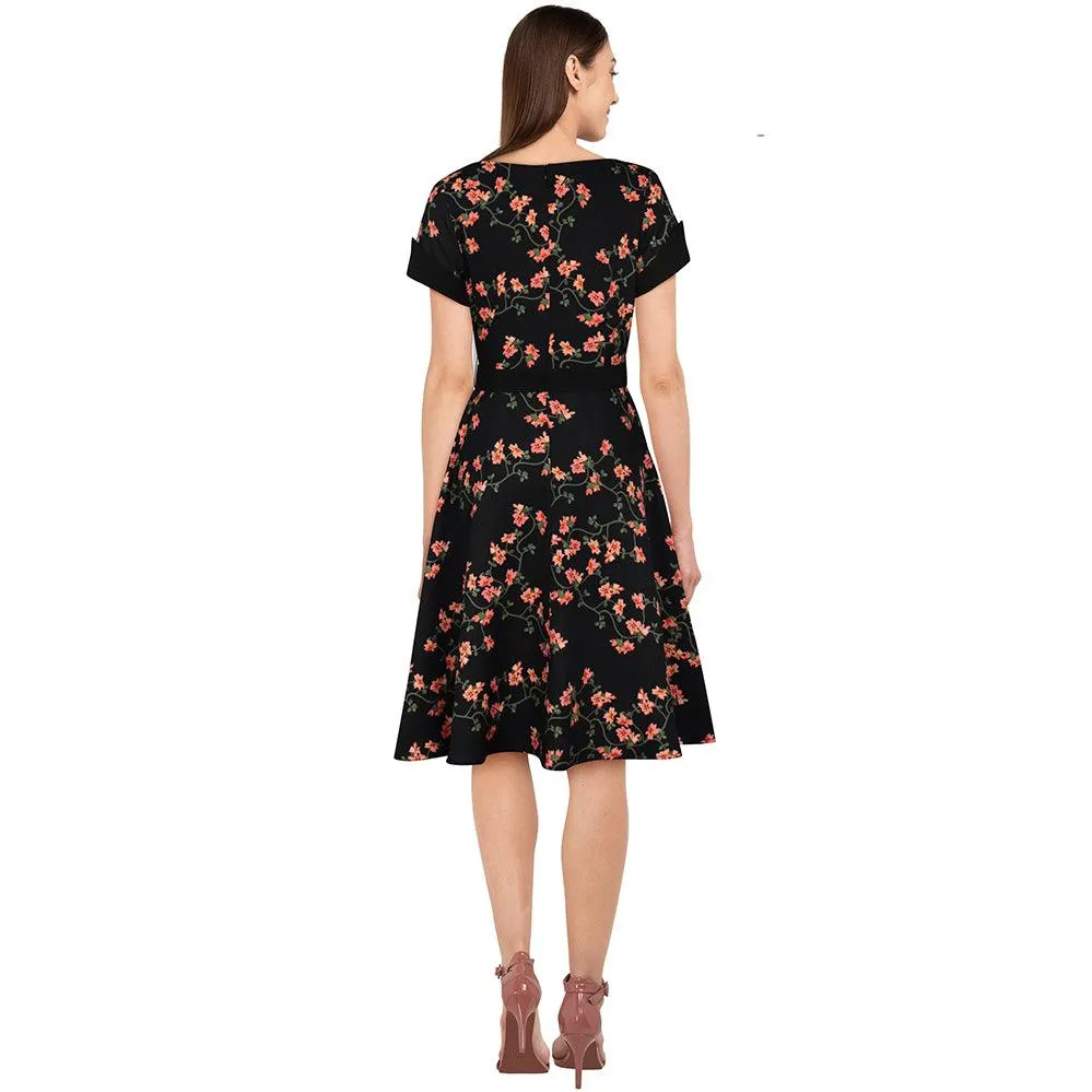 40's Split Neck Floral Swing Dress in Black