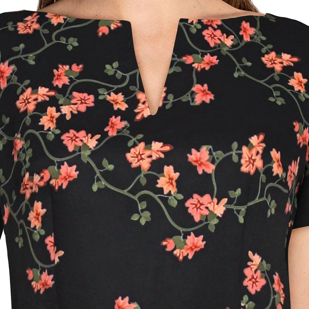 40's Split Neck Floral Swing Dress in Black