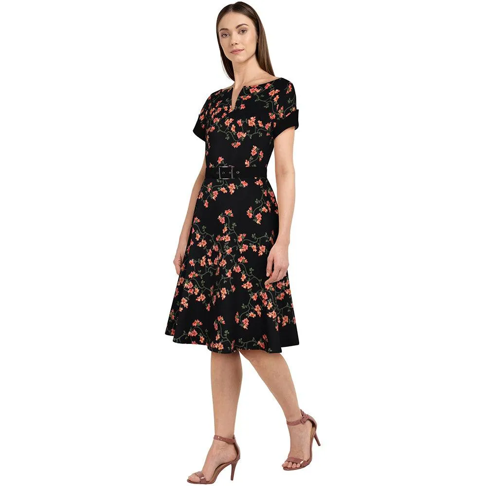 40's Split Neck Floral Swing Dress in Black