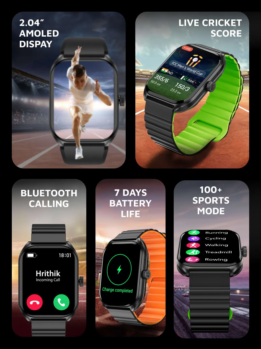 Ace X1 2.04" Amoled Display,1000 NITS, Sleek & Premium Smartwatch (Black Silicone Strap)