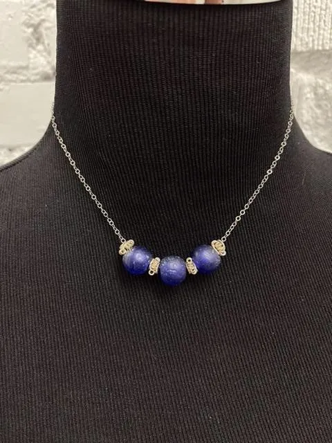 Adjustable Silver and Blue Glass Bead Necklace