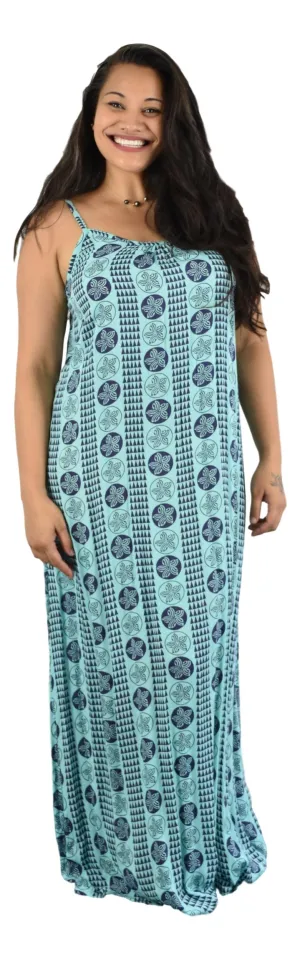 Aloha Royale - Bali Dress - Long - Hawaiian Plumeria -  Aqua Splash and Acai
