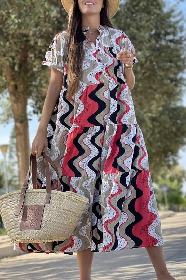 Always True Printed Tiered Button Down Shirt Relaxed Midi Dress