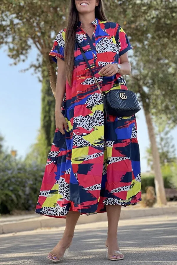 Always True Printed Tiered Button Down Shirt Relaxed Midi Dress