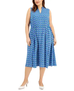 Anne Klein Plus Size Jenna Drawstring-Waist Midi Dress 10729690 Blue  Multi 0X