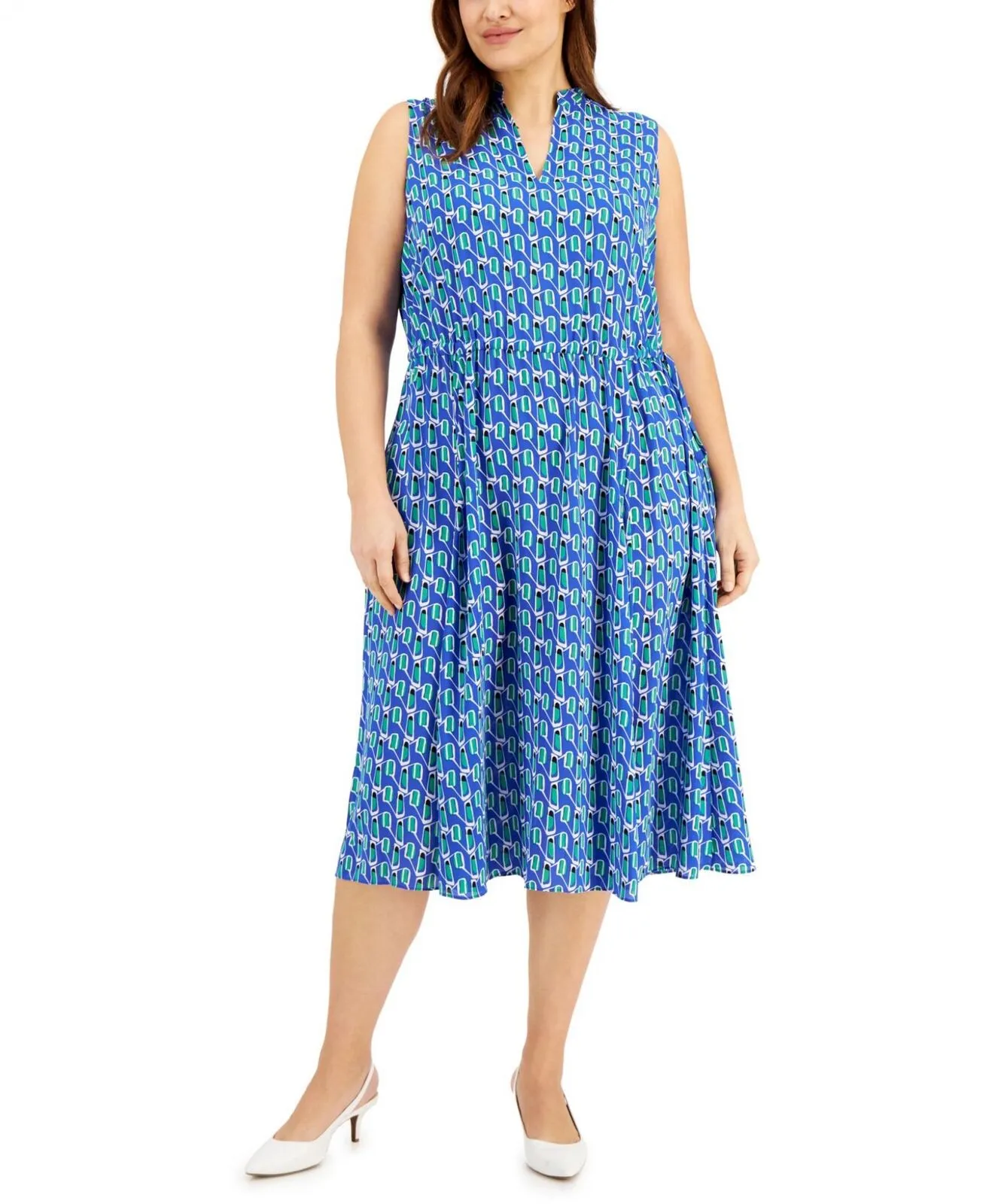 Anne Klein Plus Size Jenna Drawstring-Waist Midi Dress 10729690 Blue  Multi 0X