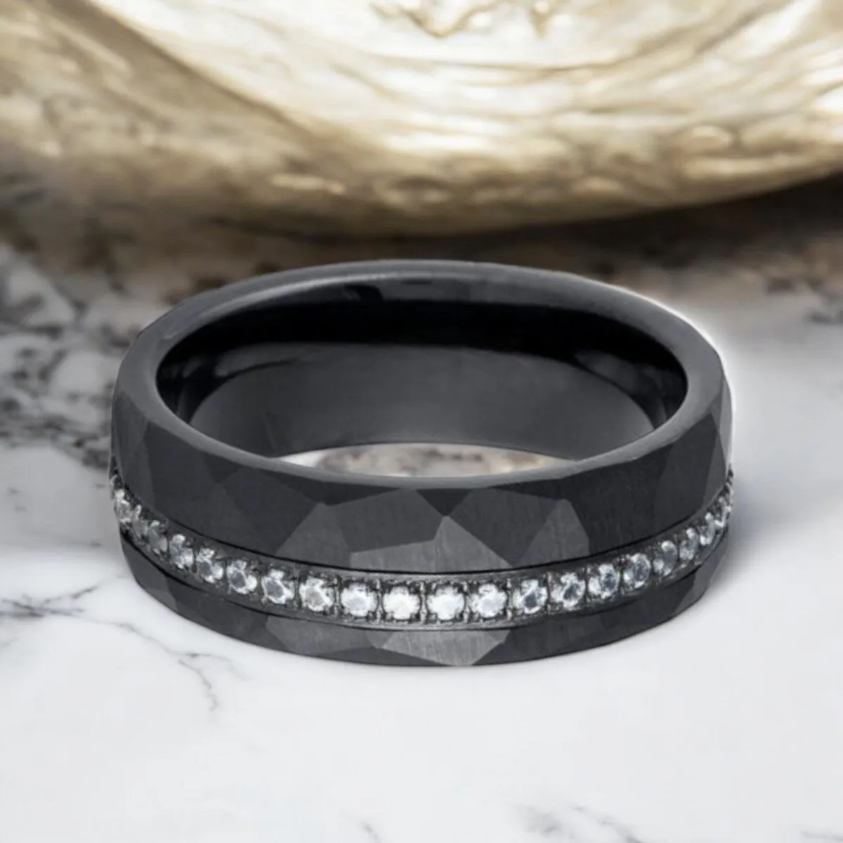 ARDENT | Black Tungsten Ring, Diamond Stimulate White CZ, Hammered