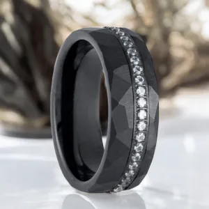 ARDENT | Black Tungsten Ring, Diamond Stimulate White CZ, Hammered
