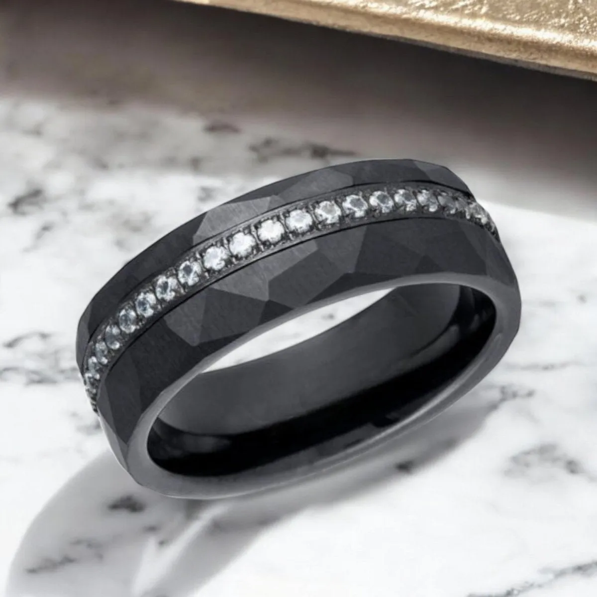 ARDENT | Black Tungsten Ring, Diamond Stimulate White CZ, Hammered