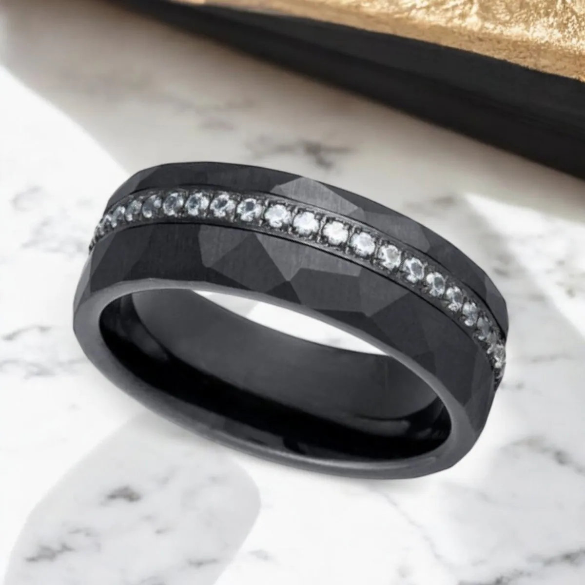 ARDENT | Black Tungsten Ring, Diamond Stimulate White CZ, Hammered