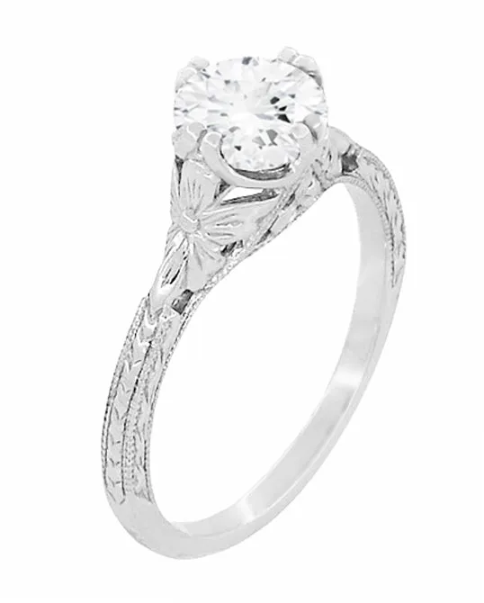 Art Deco Flowers 1/2 Carat Filigree Antique Engagement Ring Setting Design for a 5mm Round Stone in 14K or 18K White Gold