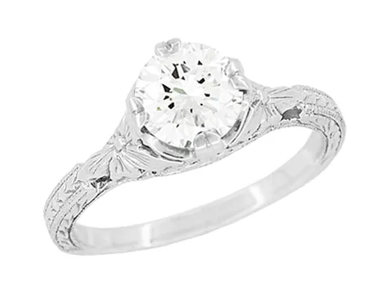 Art Deco Flowers 1/2 Carat Filigree Antique Engagement Ring Setting Design for a 5mm Round Stone in 14K or 18K White Gold
