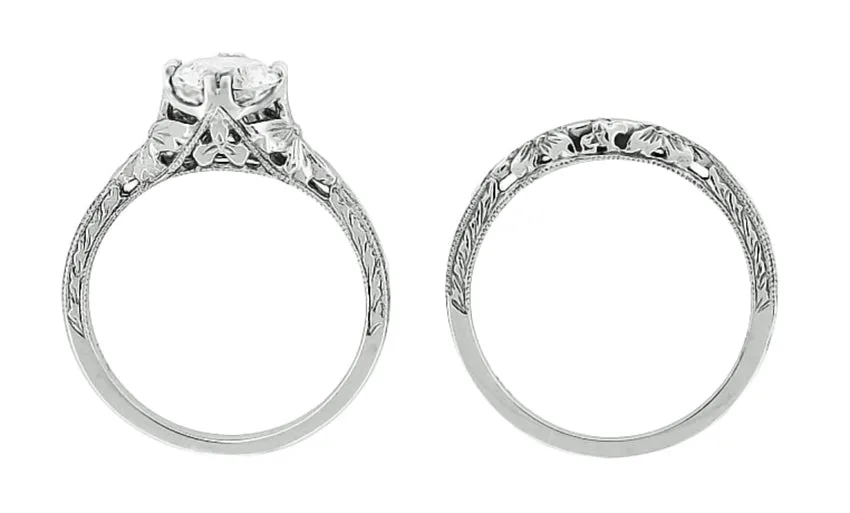 Art Deco Flowers 1/2 Carat Filigree Antique Engagement Ring Setting Design for a 5mm Round Stone in 14K or 18K White Gold