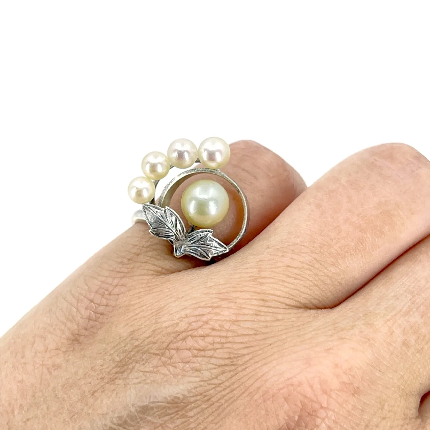 Art Nouveau Halo Japanese Saltwater Golden Akoya Cultured Pearl Ring- Sterling Silver Sz 5 3/4