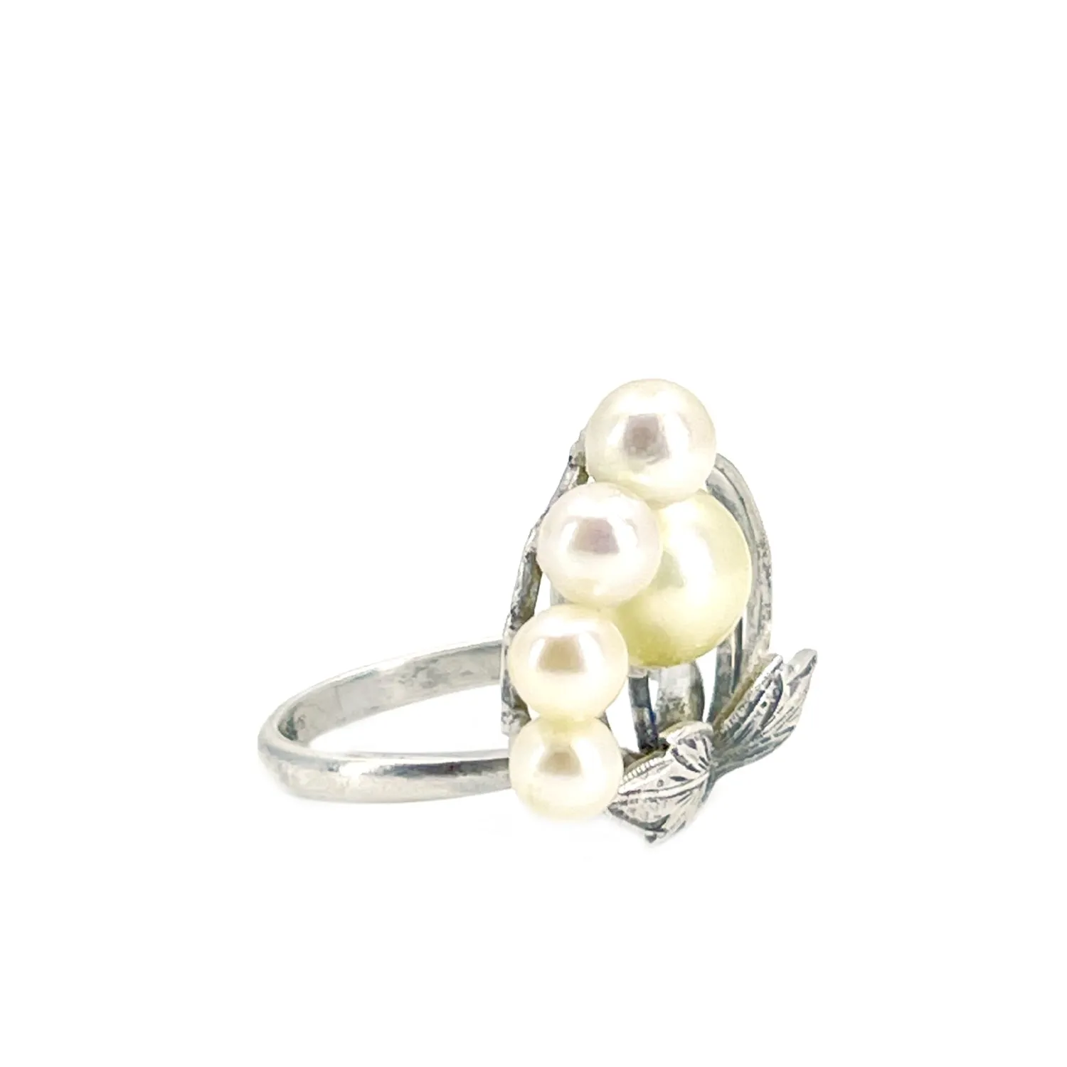 Art Nouveau Halo Japanese Saltwater Golden Akoya Cultured Pearl Ring- Sterling Silver Sz 5 3/4