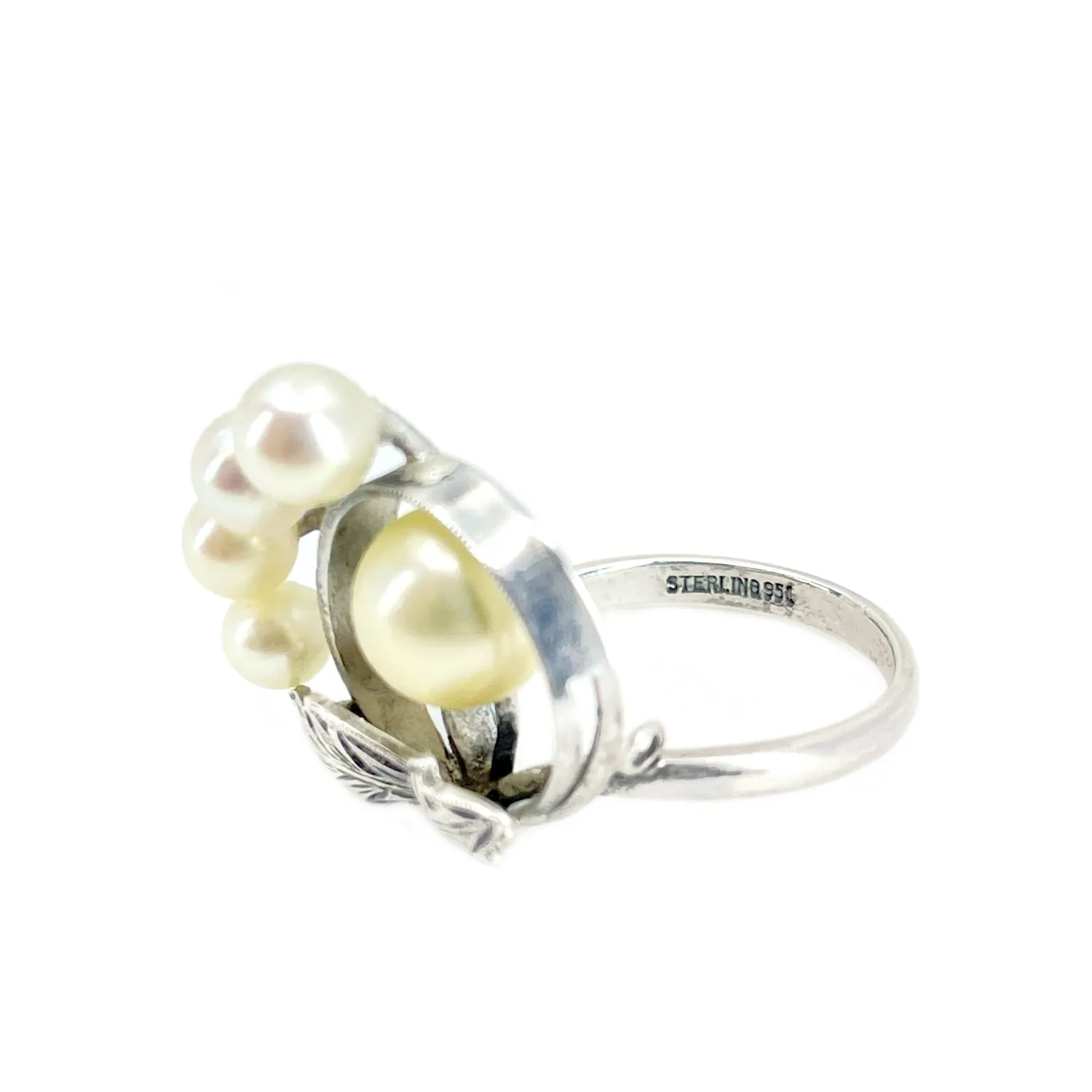 Art Nouveau Halo Japanese Saltwater Golden Akoya Cultured Pearl Ring- Sterling Silver Sz 5 3/4