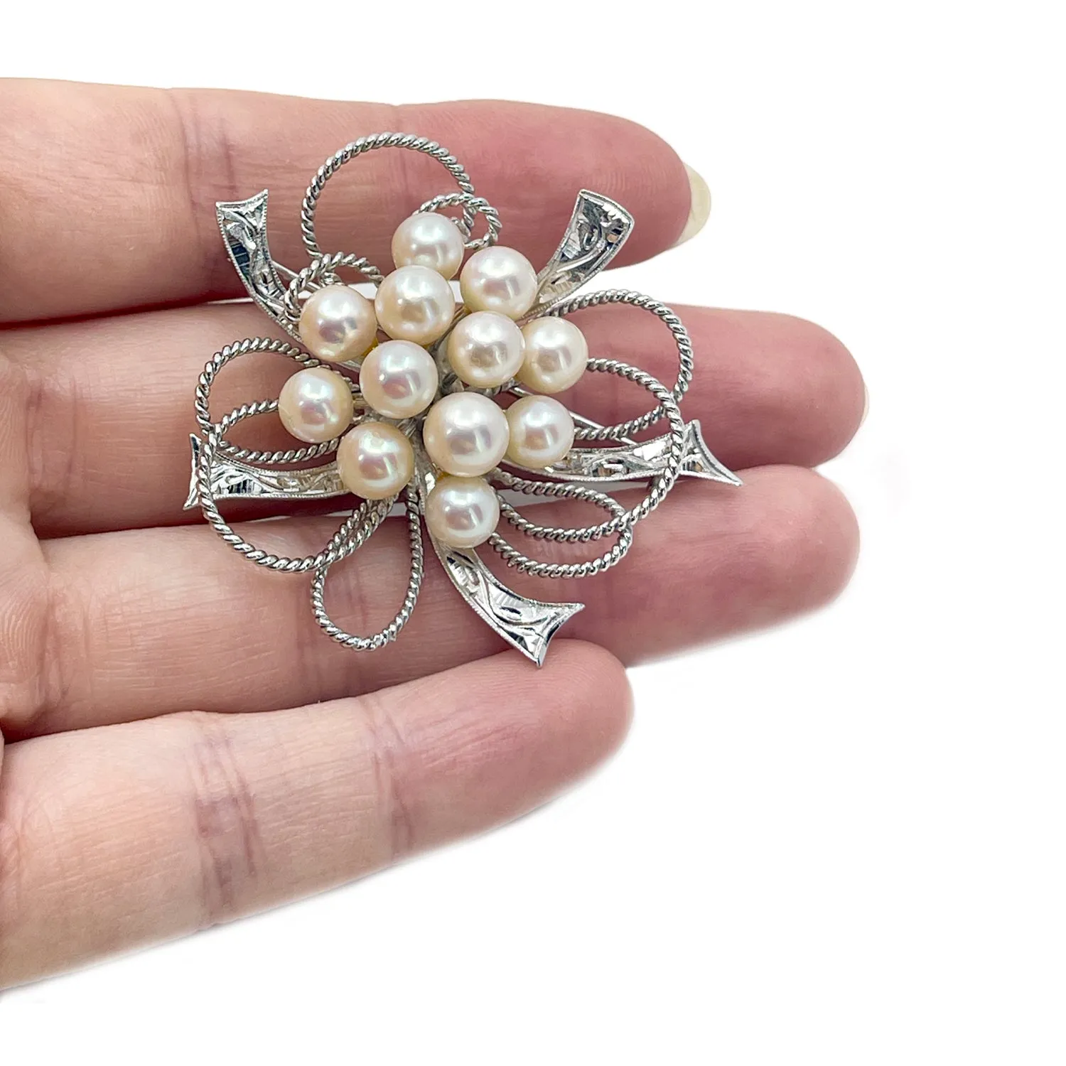 Atomic Age Engraved Burst Japanese Saltwater Akoya Vintage Cultured Pearl Brooch- Sterling Silver